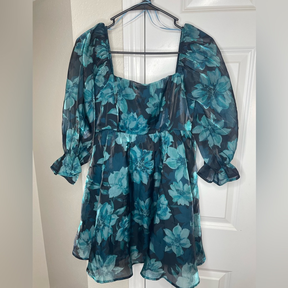 Teal Blue Floral Chiffon Babydoll Dress Square Neck M